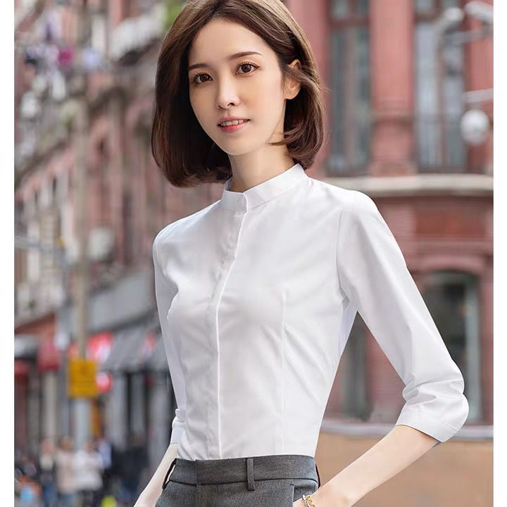 Women's Shirt with Stand Collar, New Spring and Autumn Style, White, Three-Quarter Sleeves, Long Sleeves, Vertical Collar, Slim Fit, Elegant, Suitable for Work and Formal Occasions