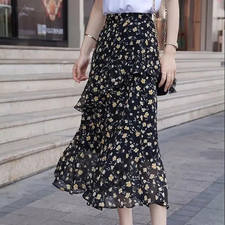 Chiffon Skirt for Women, Spring and Summer Mid-Length 2024 New Floral Skirt, High-Waisted, Slimming, Asymmetrical Ruffled Long Skirt Chiffon Skirt for Women, Spring and Summer Mid-Length 2024 New Floral Skirt, High-Waisted, Slimming, Asymmetrical Ruffled Long Skirt