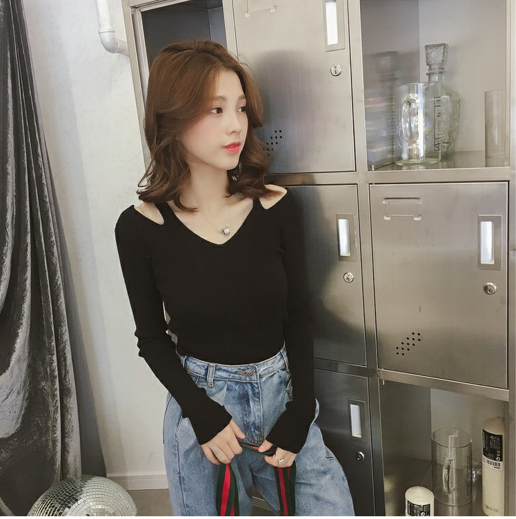 Mùa thu 2018 phiên bản Hàn Quốc mới của áo len quây cổ chữ V dài tay màu đen áo khoác len