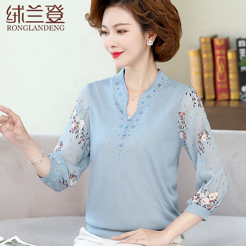 50 Year Old Mom Spring Autumn Dress Knit T-shirt Foreign Pie Middle Aged Woman Summer Clothing Snowspun Mid-Sleeve Undershirt Blouse
