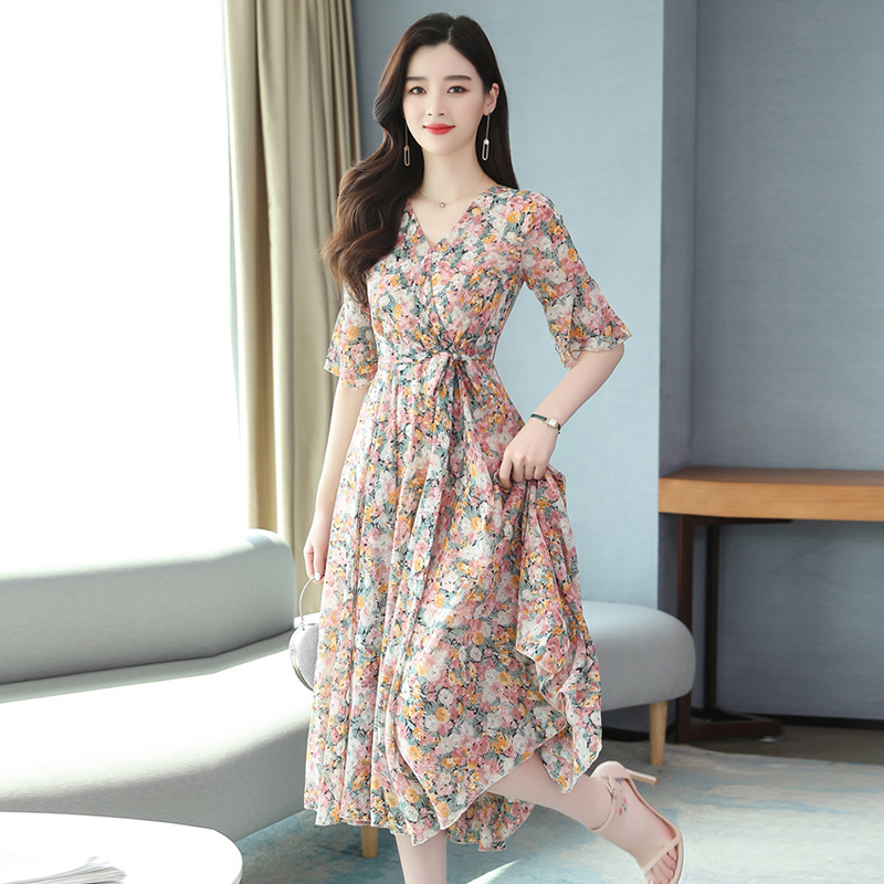 Orange FlowerChiffon Dress female summer 2021 new pattern high-end Broken flower Foreign style Age reduction Brand women's wear tide this year skirt summer