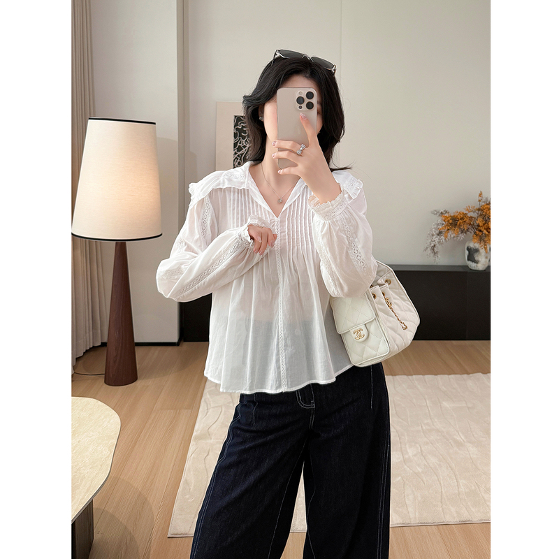 Lightweight and Non-Sweaty~ White V Neck Lace Spliced Pure Cotton Shirt for Women 2026 Autumn Loose Top Fashionable Shirt Lightweight and Non-Sweaty~ White V Neck Lace Spliced Pure Cotton Shirt for Women 2026 Autumn Loose Top Fashionable Shirt