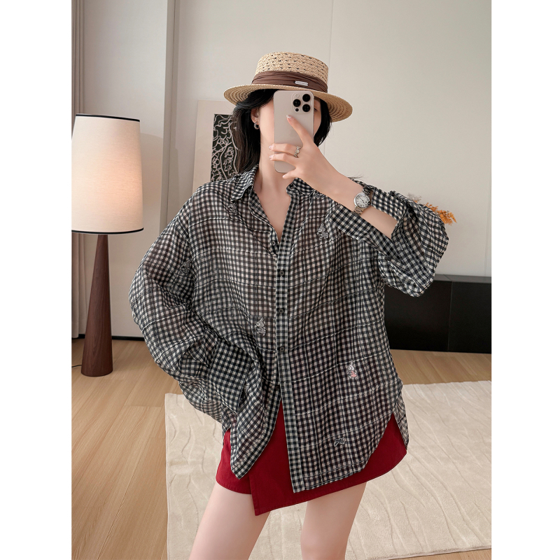 Elegant Black and White Checkered Pattern ~ Zhu Zhu's Same Style Lyocell Shirt for Women 2026 Loose, Light Luxury, Lightweight Shirt Top