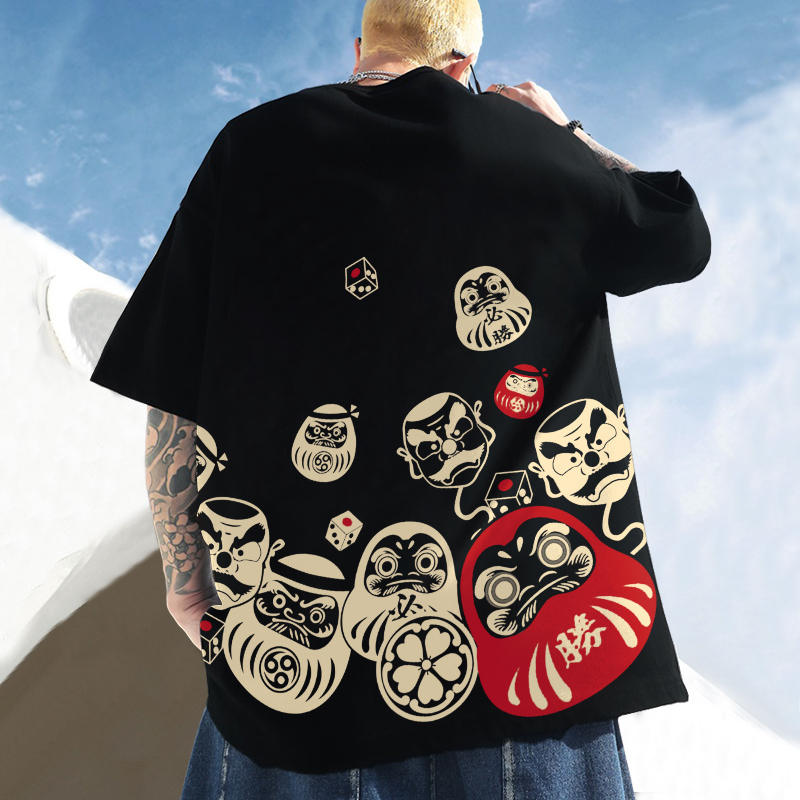 Men's Drop-Shoulder Short-Sleeve T-Shirt with Daruma Egg Print, Round Neck, Half-Sleeve Design, Niche Oversize Trendy Brand Tee