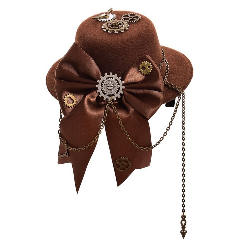 Steampunk Brown Hat with Bow Lolita Hairpin Small Top Hat Vintage Gear Chain