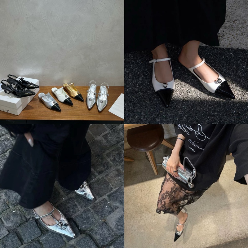 【Mu You Shoes】Od~ Pointed Toe Metal Ball Cowhide Color-Block Sandals Thin Heel Flat Strap Women's Shoes