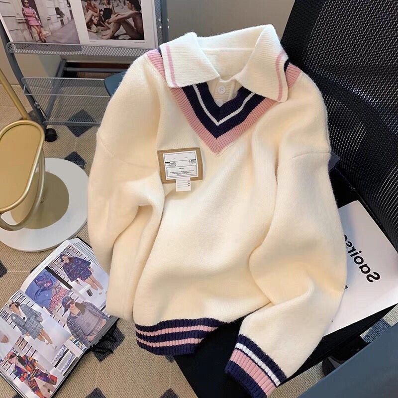Japanese-Style Fake Two-Piece Polo Sweater for Women, Autumn and Winter, Loose, Lazy Style, Retro Design, Niche, Soft and Thick Coat