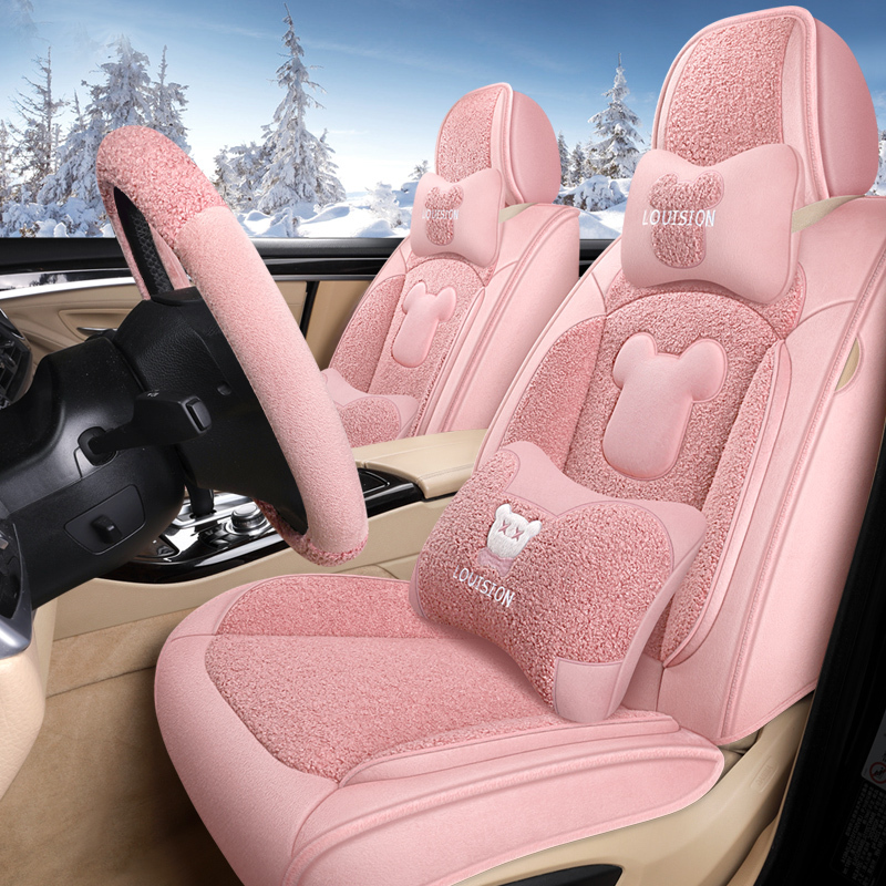 Winter New Car Seat Cushion, Fully Enclosed Seat Pad, Thickened Lamb Fleece Seat Cover, Cartoon Short Plush Warm Seat Cover