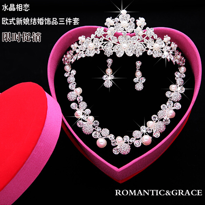 Crystal Romance Eurostyle Fashion Bridal Head Accessories Wedding pearl Water Diamond Wedding Crown Necklace Pendant three sets