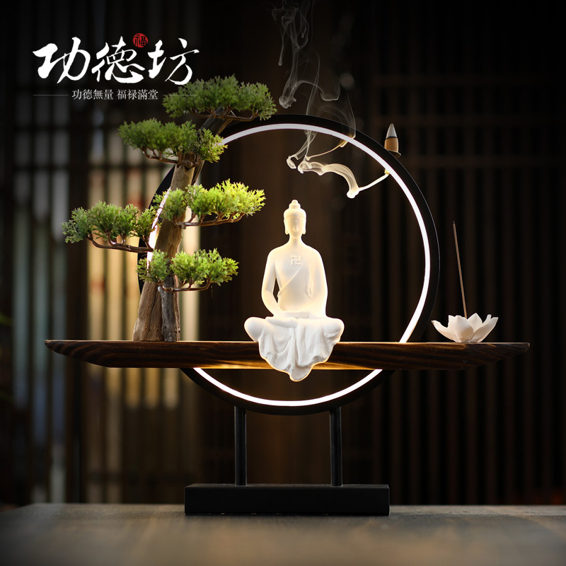 Gongdefang Chinese-style large ornaments incense flow back home indoor viewing with lights Guanyin Tathagata gift ornaments