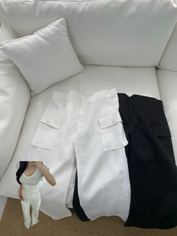 Withtong - Heavyweight Washed 100% Linen Low-Waisted Loose Two-Tone Work Pants, Same Style as for Homebodies