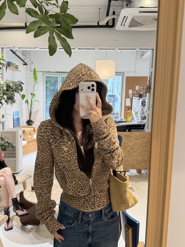 Withtong-Retro Leopard Print Waist-Cinching Hooded Slimming Sweatshirt Jacket Early Autumn Jacket Hoodie