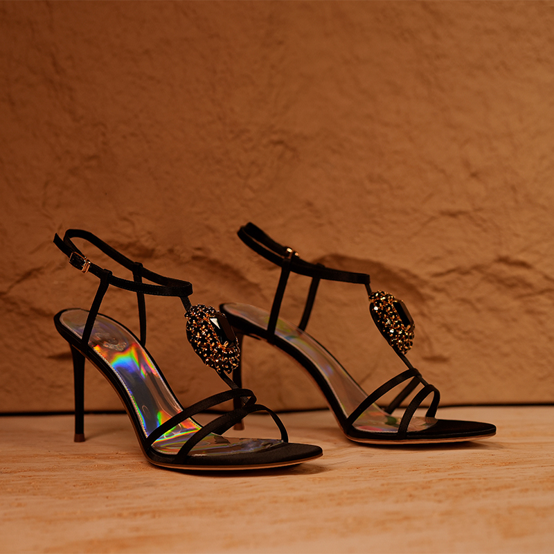 【Treasure】Miss Left/Exclusive Women's Black Rhinestone Sandals, Open-Toe Gemstone High Heels for Women, Summer 2026