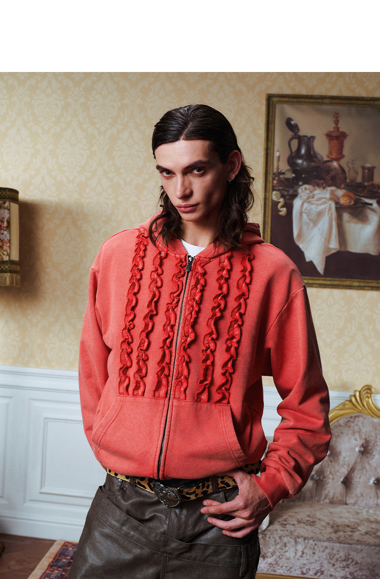 YADcrew Washed Grey Ruffle Zip-Up Hoodie