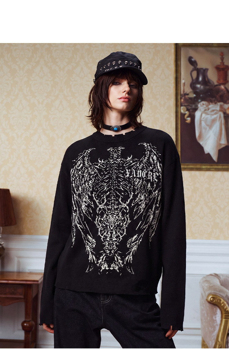 YADcrew Winged Skull Distressed Crewneck Top