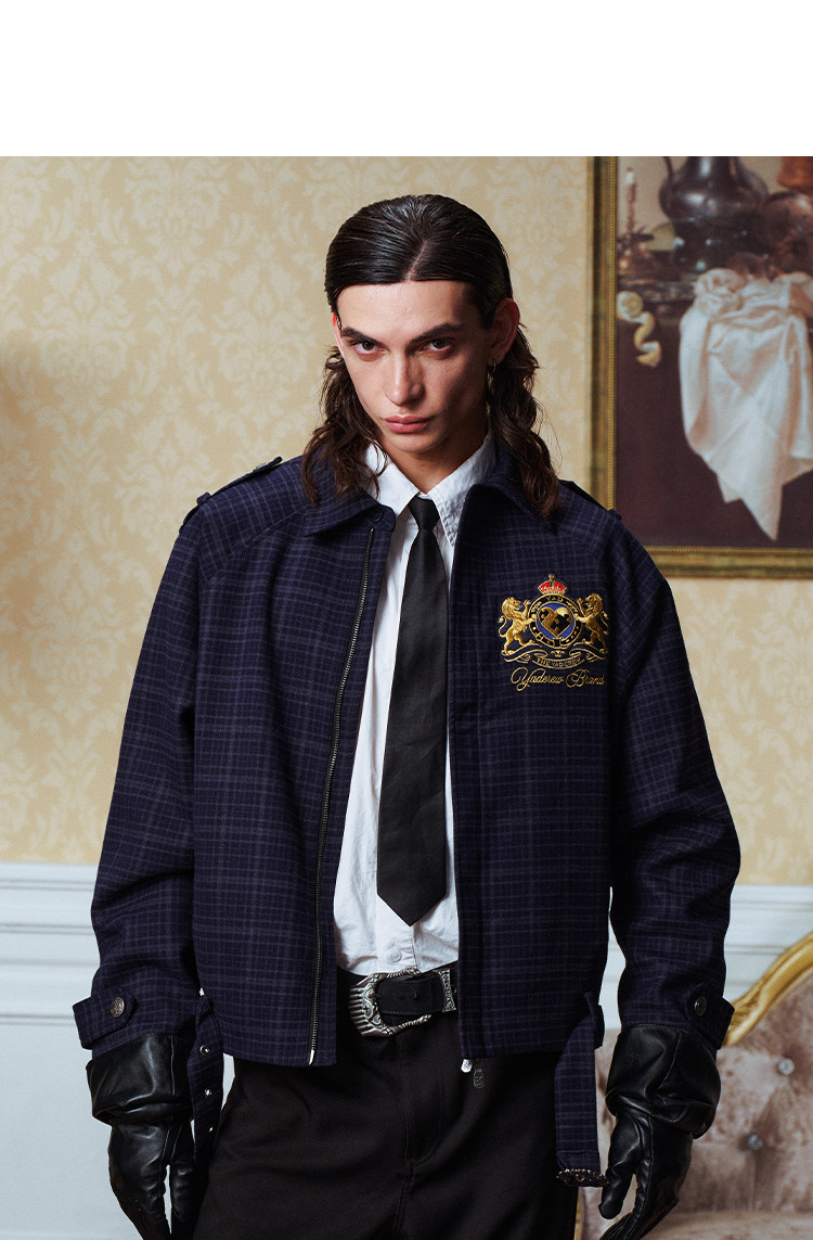 YADcrew Lion Emblem Plaid Belted Jacket