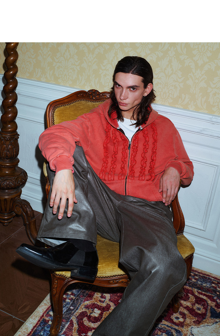 YADcrew Washed Grey Ruffle Zip-Up Hoodie