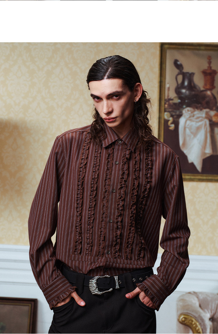 YADcrew Striped Ruffle Court-Style Shirt