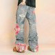 YADcrew Sunset Lace Print Jeans Loose Wide Leg Printed Splicing Casual Pants Trend