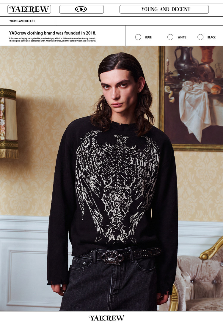 YADcrew Winged Skull Distressed Crewneck Top