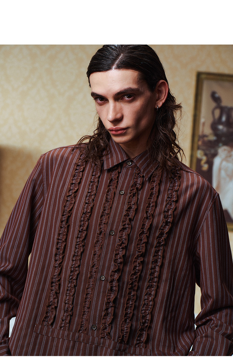 YADcrew Striped Ruffle Court-Style Shirt