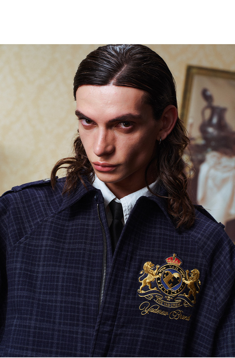YADcrew Lion Emblem Plaid Belted Jacket