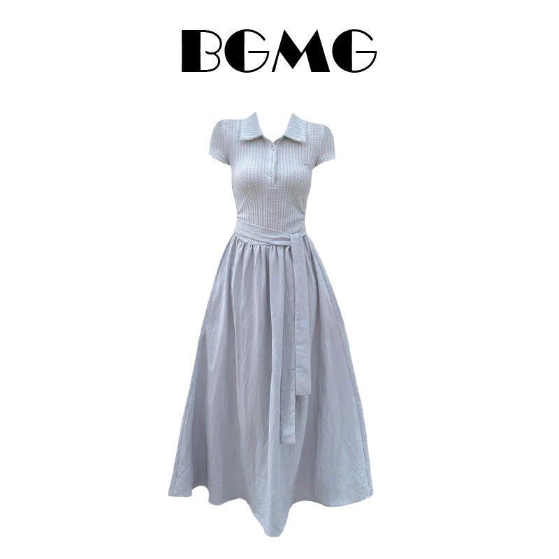 French-Style Elegant High-End Lapel Patchwork T-Shirt Dress for Women, New Summer Waist-Cinching Slimming Tie A-Line Long Dress French-Style Elegant High-End Lapel Patchwork T-Shirt Dress for Women, New Summer Waist-Cinching Slimming Tie A-Line Long Dress