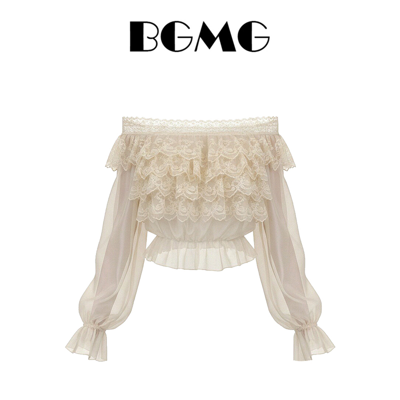 French-Style Off-Shoulder Ruffled Lace Blouse for Women, Summer New 2026 Slim-Fit Off-Shoulder Patchwork Lace Top Trendy
