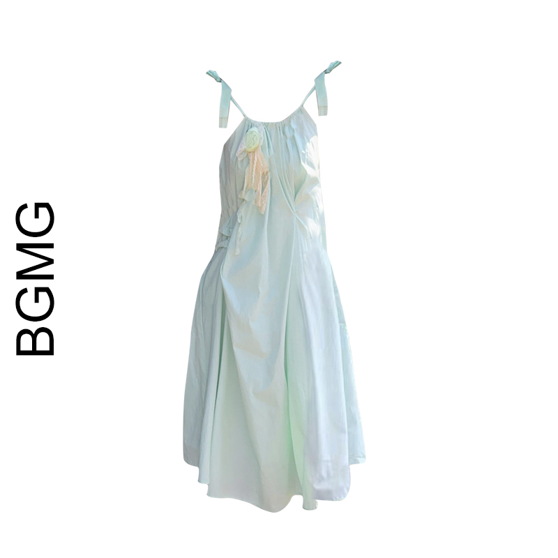 Summer Mint Green Heavy-Duty Spaghetti Strap Dress for Women 2025 New Solid Color Slimming Tie-Up Long Elegant Dress