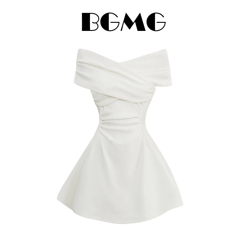 French-Style Design with a Crossover V-Neck, White Dress for Women, Summer Sweet and Age-Reducing Short A-Line Off-Shoulder Long Dress