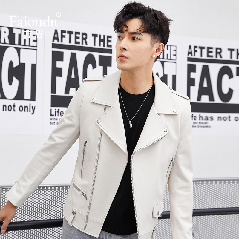 2026 Autumn Haining New White Leather Jacket Men's Genuine Leather Motorcycle Jacket Harley Coat Slim Fit Sheepskin Jacket Trendy 2026 Autumn Haining New White Leather Jacket Men's Genuine Leather Motorcycle Jacket Harley Coat Slim Fit Sheepskin Jacket Trendy