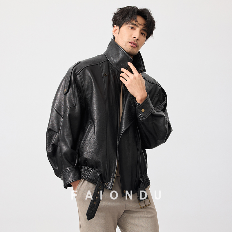Faiondu Casual Biker New Leather Jacket for Men, Genuine Imported Sheepskin Leather Jacket with Fur Lining
