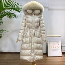 Off-season clearance down jacket womens length over the knee big hair collar slim white duck down 2020 new winter tide
