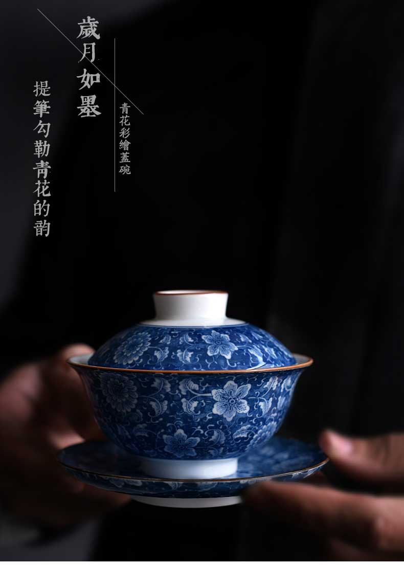 Quạt gốm sứ màu xanh và trắng bao gồm bát teacup lớn kung fu Jingdezhen bộ trà bằng sứ ba chén trà nhà bình ủ trà giữ nhiệt