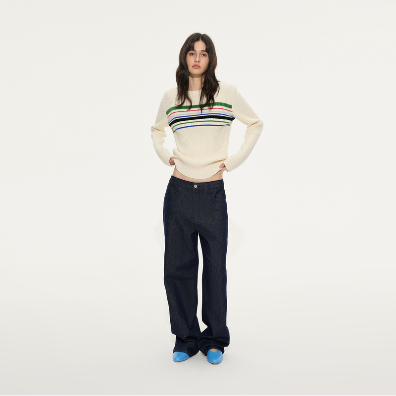 Delumine 100% Pure Wool Knitwear for Women, Autumn and Winter Pit-Strip Pattern Long-Sleeved Sweater, Loose and Slimming