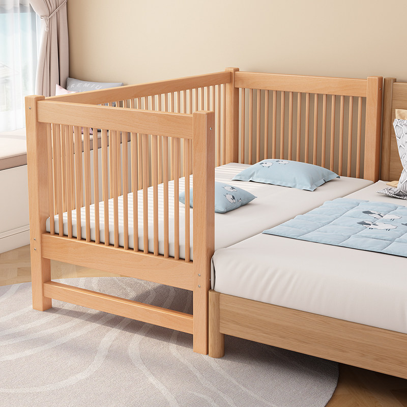 Solid wood children's bed splicing bed high guardrail beech baby cot widened bed spell big bed crib can be customized