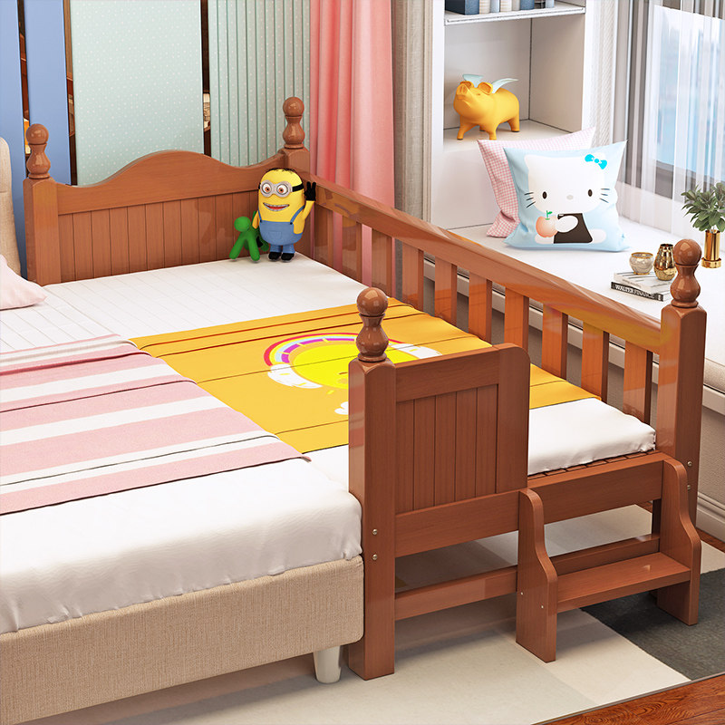 Solid wood children's bed with guardrail walnut boy and girl bed baby crib big bed side widened stitching bed custom