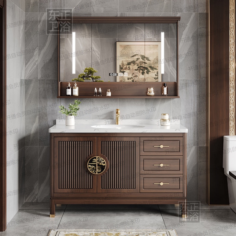 New Chinese-Style Bathroom Cabinet Set with Double Vanity, Integrated Ceramic Washbasin, Oak Wood, 2026 New Model