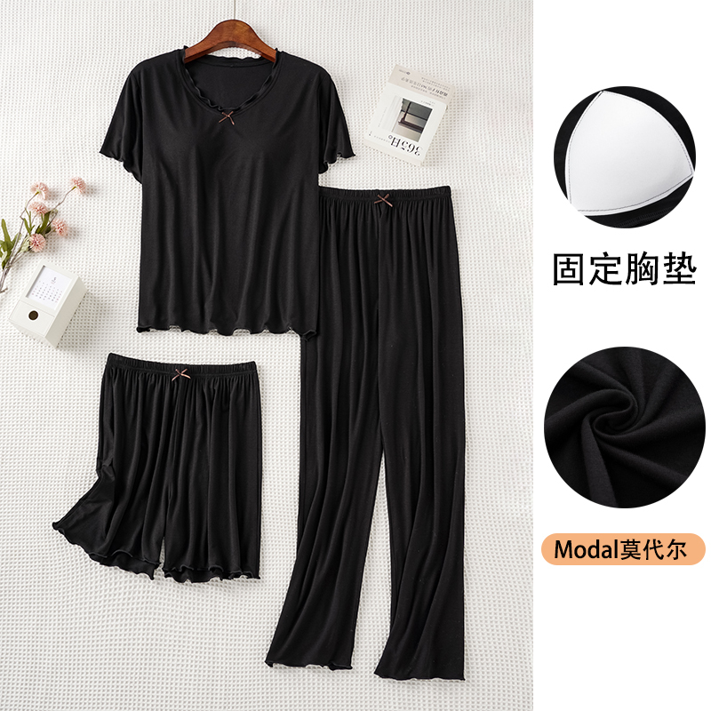 Modal Pajamas with Breast Pads, Three-Piece Set for Women, Summer Short-Sleeved Shorts, Long Pants, Thin Solid Color Ruffled Home Clothes