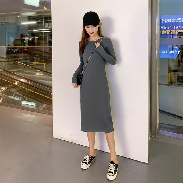 Hepburn style little black dress autumn and winter long-sleeved dress 2021 black cotton split bottom skirt mid-length Korean long skirt