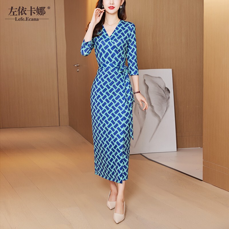 Spring and Summer New Style V Neck Slim Dress Printed One-Piece Wrap Long Skirt Seaside Vacation Beach