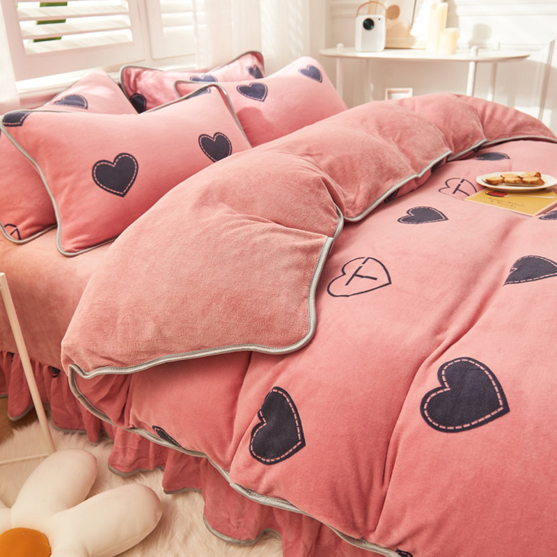Bed Skirt Four Pieces Winter Coral Suede Quilt Cover Milk Flannel Princess Wind Bed Linen Bifacial Suede Thickening