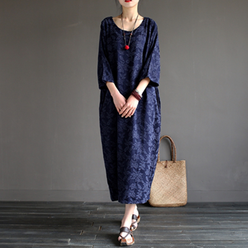 Spring and Autumn Original New Vintage Artistic Cotton and Linen Jacquard Long Robe Loose Slimming Round Neck Dress Spring and Autumn Original New Vintage Artistic Cotton and Linen Jacquard Long Robe Loose Slimming Round Neck Dress