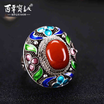 Centennial Baocheng South Red Agate pinched silk high temperature enamel silver ring female 925 retro National style handmade ring