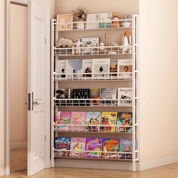 Bookshelf floor-standing storage rack door with wall hanging in one wall-mounted iron art children's simple household extremely narrow joint storage cabinet