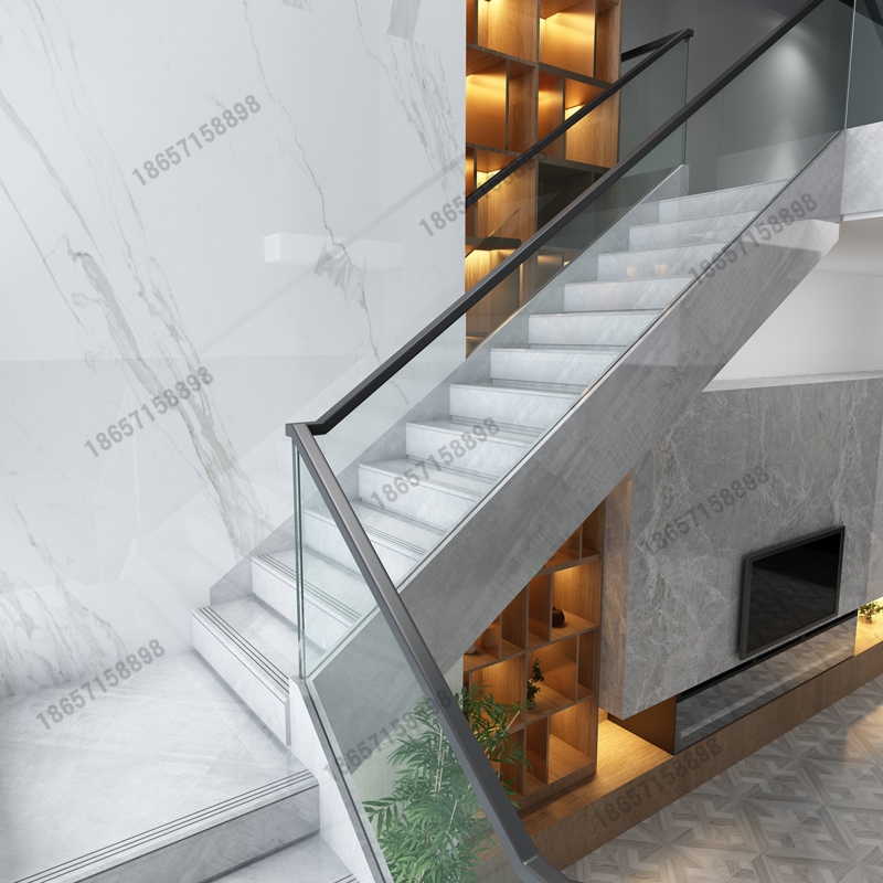 Villa glass staircase handrail super white tempered glass railing Chinese-style solid wood handrail simple modern light luxury guardrail