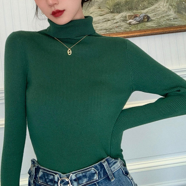 Heron all-match retro pullover turtleneck sweater women's 2021 autumn and winter new outer wear bottoming shirt knitted top Qingyi