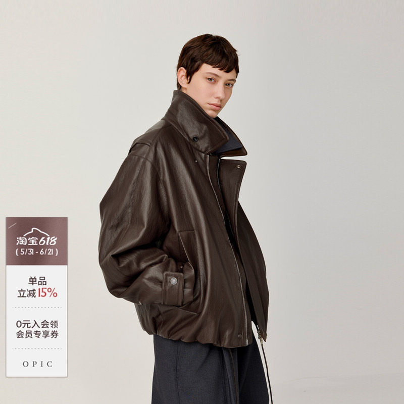 Opicloth/Opic Retro Deep Soft-Tanned Lapel Accordion Pleated Loose Fashion Casual Leather Jacket