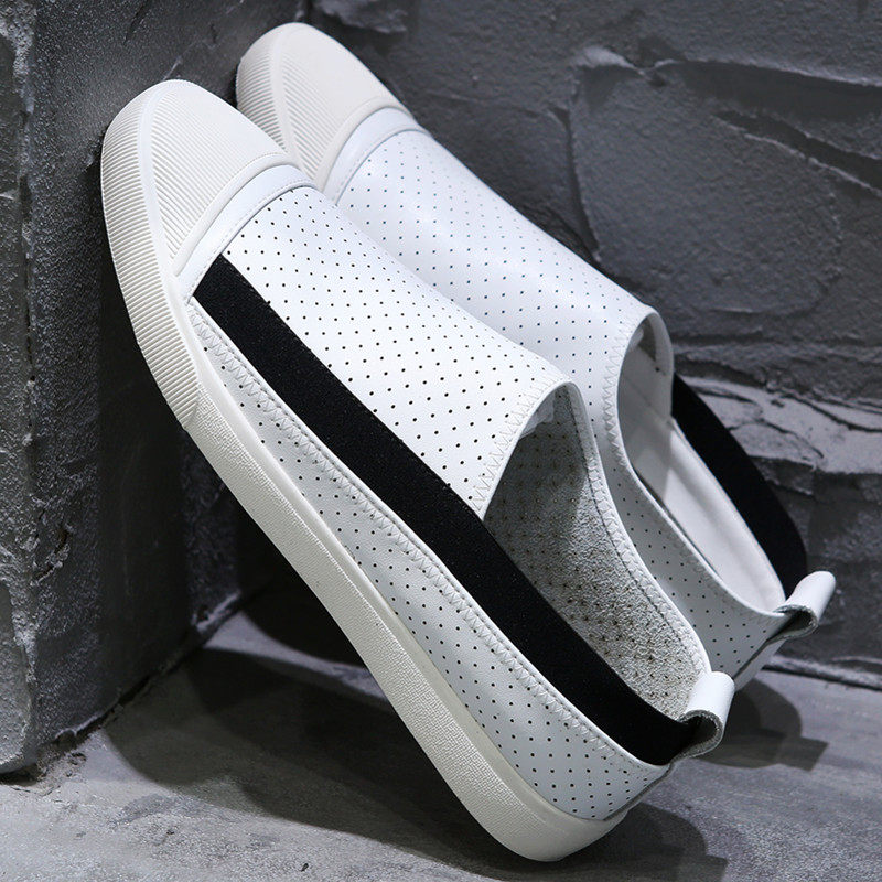Autumn leather white shoes men's trend hollowed-out breathable casual sneakers slip-on soft-soled loafers men's shoes