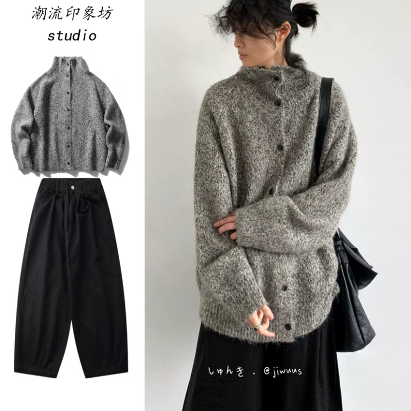 Two-Piece Set/Japanese-Style Lazy Style High-Neck Soft Sweater for Men and Women, Versatile Autumn and Winter Knit Cardigan Jacket for Layering Two-Piece Set/Japanese-Style Lazy Style High-Neck Soft Sweater for Men and Women, Versatile Autumn and Winter Knit Cardigan Jacket for Layering